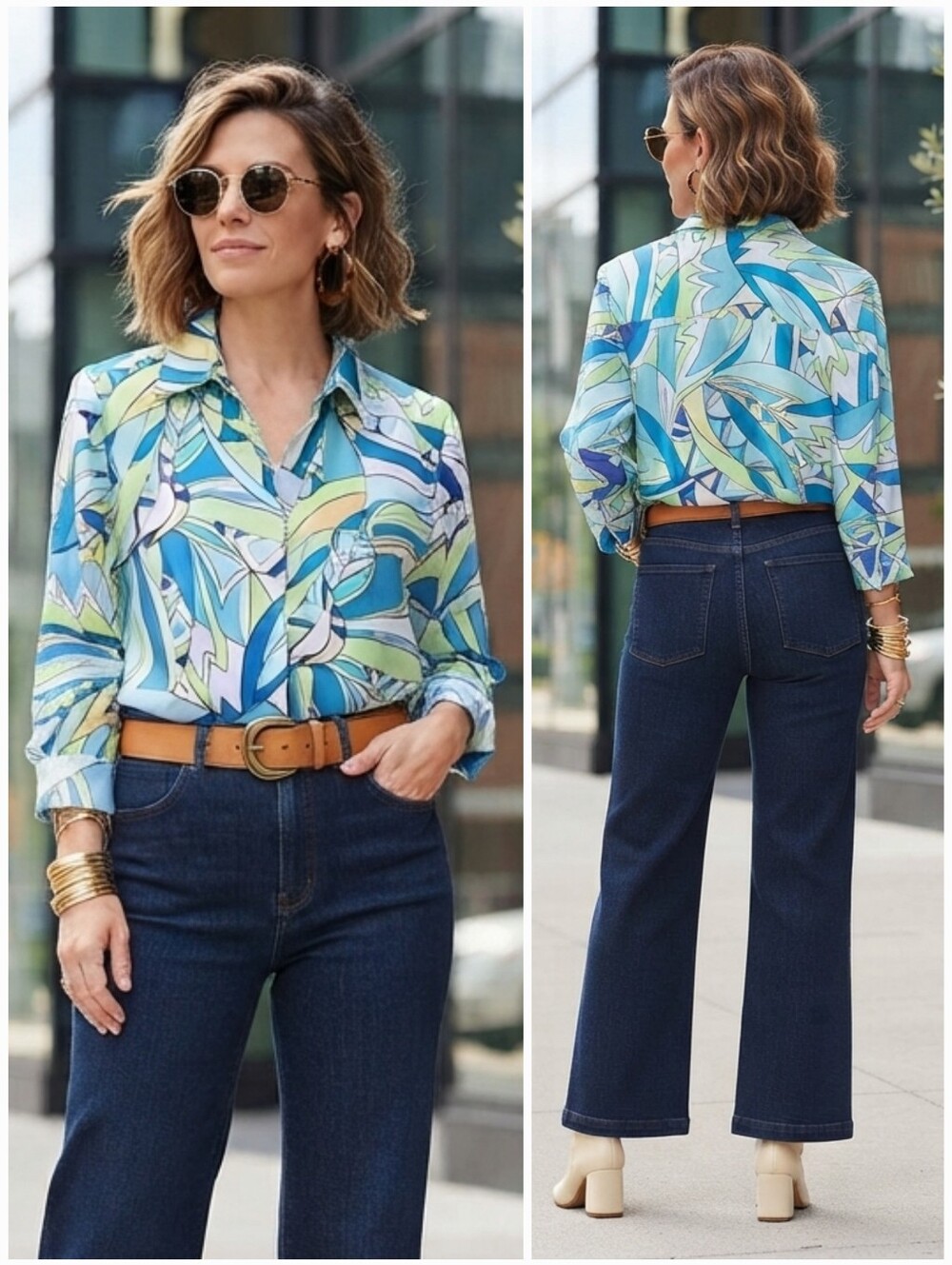 NWOT Chico's No-Iron Abstract Button Down Shirt Size XL Retro Mod 70s Geometric